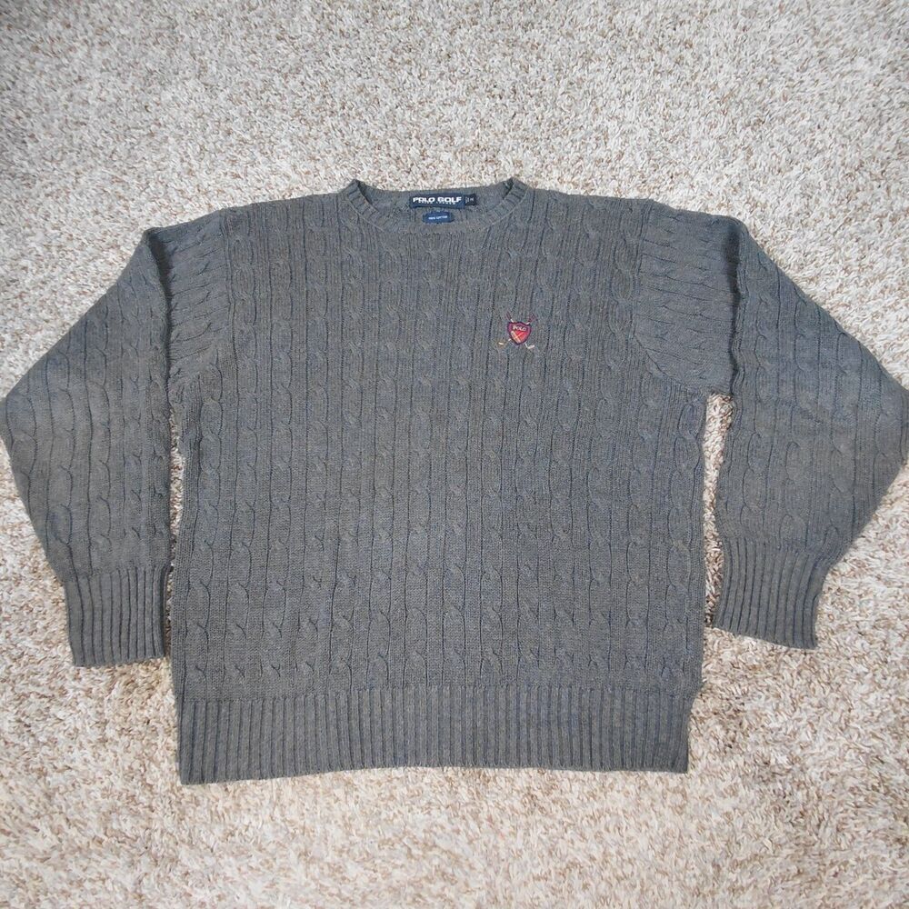 Polo Golf Ralph Lauren Sweater Mens Medium Grey Cable Knit Crest Crew Neck